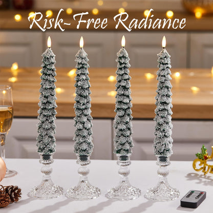 Velsyn 4 Pack Christmas Tree Candles Covered in Snow with Remote, 11 Inch Real Wax flameless Taper Candles, LED Candle Battery Operated with 3D Flickering Flame, Green Candlesticks Christmas Decor