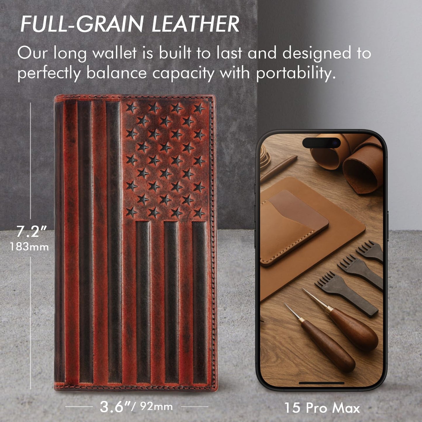 Pefiam Long Wallet for Men Leather, Mens Checkbook Wallet Rodeo, Large Western Cowboy Wallet Bifold, RFID Blocking, Gift for Men (American Flag, Brown)