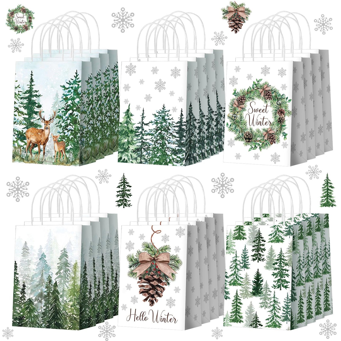 Kolldenn 24 Pcs Christmas Party Favors Bags Christmas Gift Goodie Paper Bags with Handles Reindeer Green Xmas Tree Pine Cones Candy Treat Pouch for Xmas Party Decorations Supplies