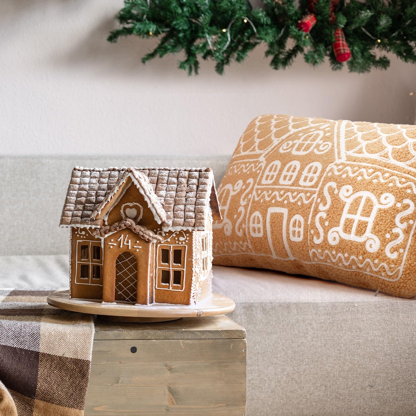 Tudomro Christmas Gingerbread House Pillow Covers 12x20 Inch Gingerbread House Shaped Embroidered Sherpa Holiday Decorative Throw Pillow Cases for Xmas Home Bedroom Couch(Retro,Brown)