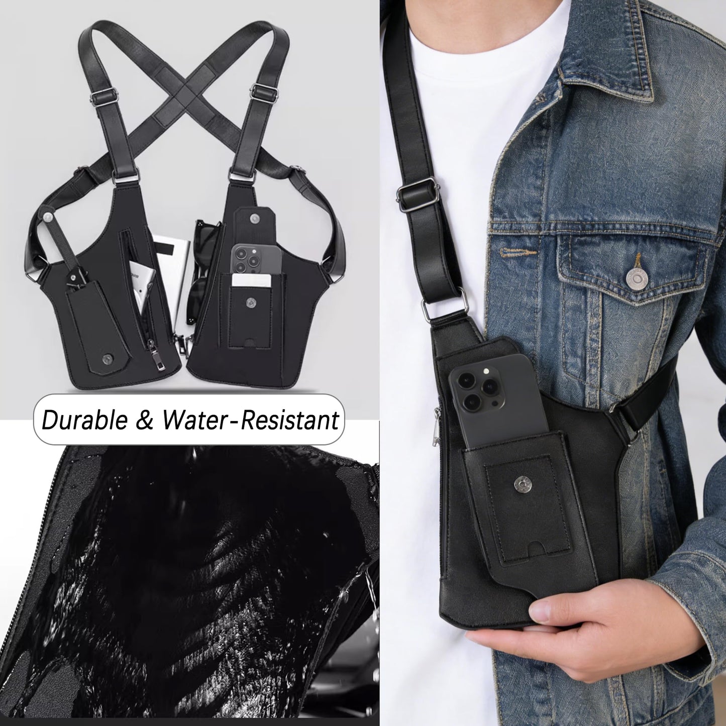 QZAVIRE Double Shoulder Armpit Bag, Leather Adjustable Underarm Shoulder Bag Hidden Underarm Strap Wallet Holster for Outdoor (Burgundy)