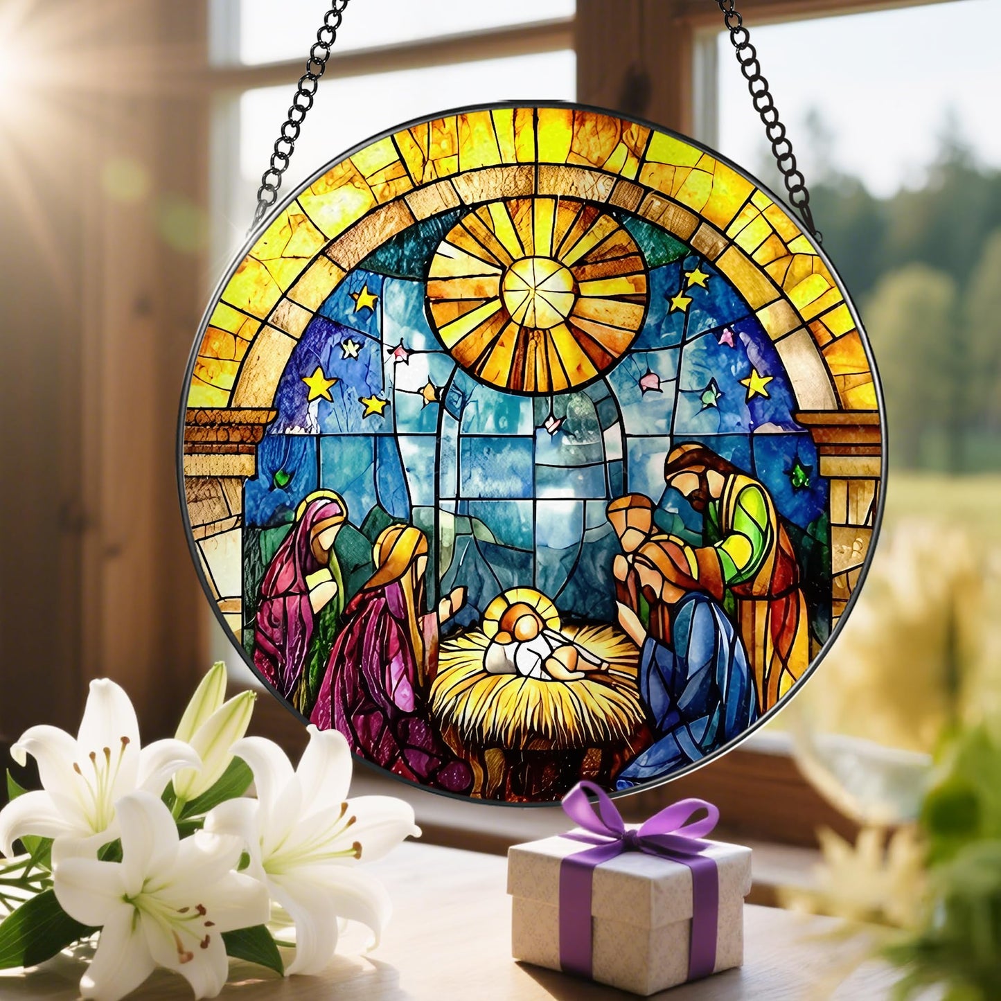LAOWEIKI 8'' Stained Glass Window Hanging, Nativity Scene Ornament, Christian Christmas Ornament, Holy Family Decoration, Religious Decor, Gift for Christmas, Religious Gifts, Christian Gifts