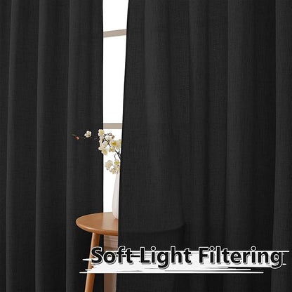 Tollpiz Short Linen Curtain Living Room Rod Pocket Semi Sheer Curtains Burlap Light Filtering Thick Linen Drape for Bedroom, 54 x 45 inches Long, Black, Set of 2 Panels