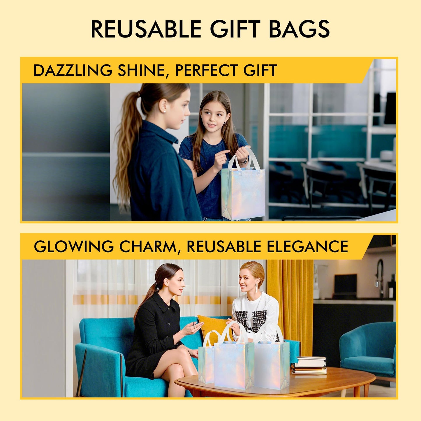 RACETOP 15 Pcs Iridescent Glossy Gift Bags Medium Size, 8x4x10 Inch Holographic Reusable Gift Bags with Handles, Ideal for Birthday, Wedding, Bachelorette, Party Favors, Holiday Goodie
