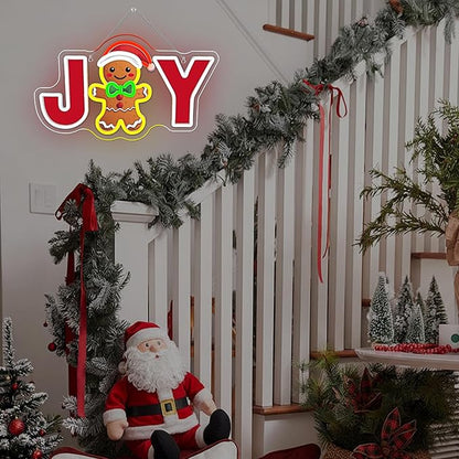 JOY Gingerbread Man Neon Sign – Christmas LED Wall Light with Santa Hat & Holiday Décor – Festive Neon Sign for Home, Parties, and Seasonal Decorations
