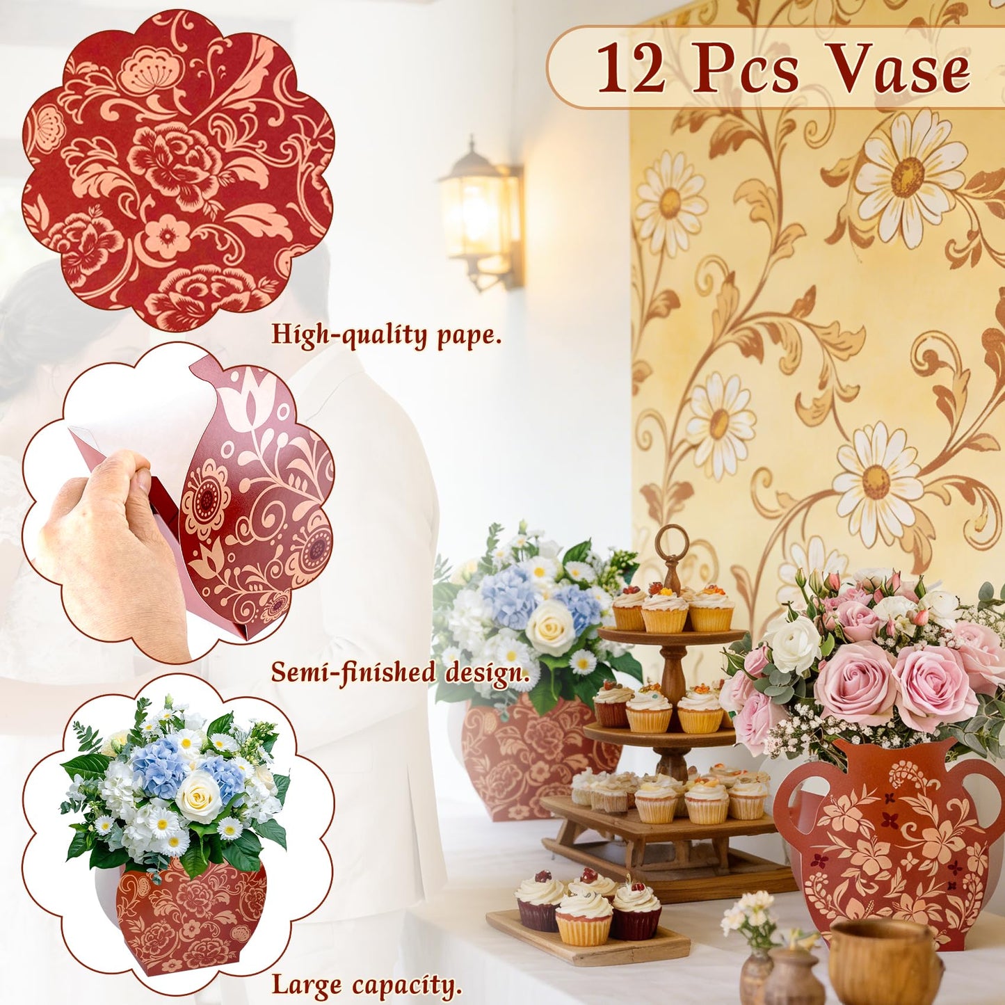 12 Pack Cielito Lindo Barro Paper Vases - Mexican Talavera Style Centerpieces for Cinco De Mayo, Fiesta, Wedding & Birthday Tables