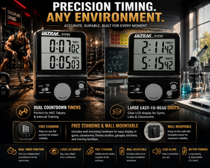 ULTRAK T-4 Jumbo Dual Timer – Large 1” Display Countdown & Count Up Timer, 24 Hour Range, Loud Alarm, Dual Memory, Wall Mount or Tabletop for Classroom, Gym, Office & Meetings