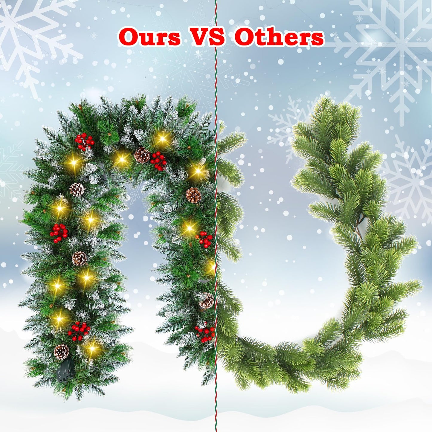 9FT Prelit Christmas Garland with Lights Decorations: Artificial Greenery Garland Battery Operated for Fireplace Mantle Stairs Windows Xmas Decorations, Indoor Outdoor Holiday Garland Decor