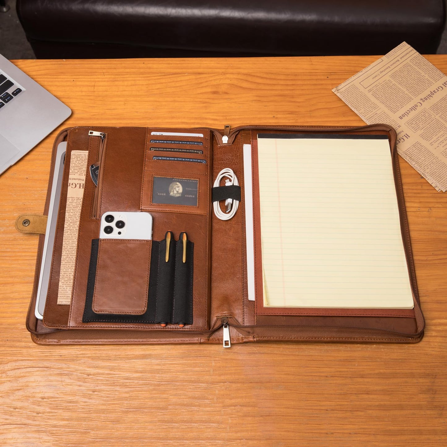 Geslun Genuine Leather Portfolio, Legal Size 8.5 x 14 Pad Holder, Business Padfolio for Men and Women, Zipper 14" Laptop Organizer, Executive Professional Work Travel Notepad Folio, Brown, Oil Tanned