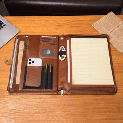 Geslun Genuine Leather Portfolio, Legal Size 8.5 x 14 Pad Holder, Business Padfolio for Men and Women, Zipper 14" Laptop Organizer, Executive Professional Work Travel Notepad Folio, Brown, Oil Tanned
