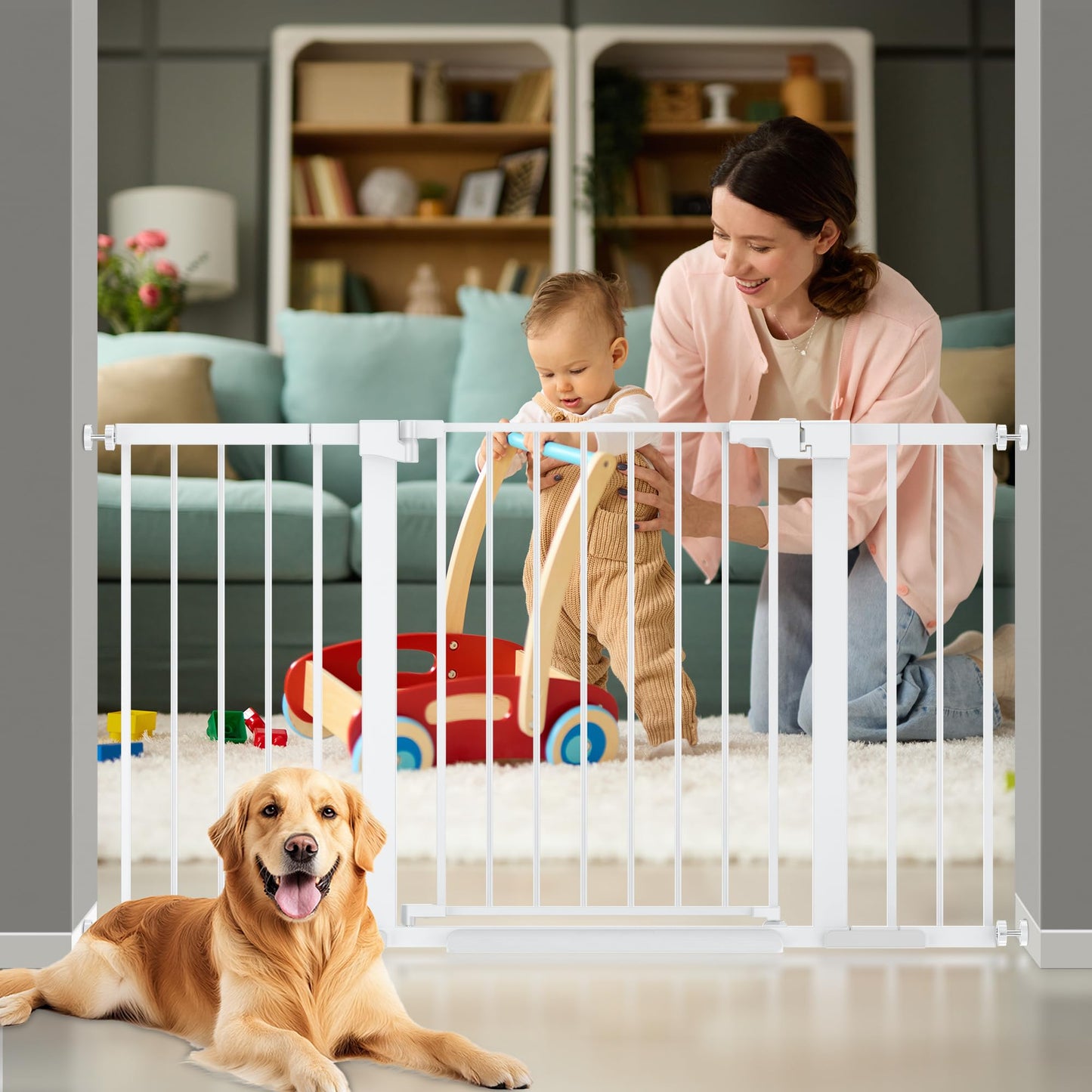 Colbabe 29-54 inches Extra Wide Metal Baby Gate for Stairs/Doorways, 30 inches Tall Pressure Mounted Pet Gates, Auto-Close Child Safety Gate, No Drilling Easy Walk-Through Dog Gate Indoor, White
