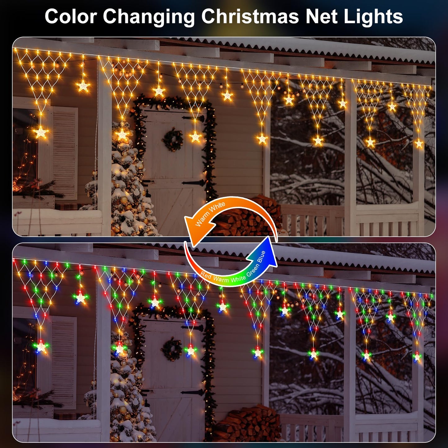 DBFAIRY Christmas Star Net Lights,196LED Connectable Dual Color Changing Fairy Net Lights, 13.1x1.9Ft Plug in Curtain Mesh Light Waterproof with Timer for Porch Fence Window (Warm White & Multicolor)