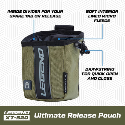 LEGEND XT520 Quick Release Pouch & Finger Tab Bag - Interior Divider for Better Organization & Storage of Release Aids - Attaches to Standard 2" Belt - Quick Drawstring Closure (Army Green)