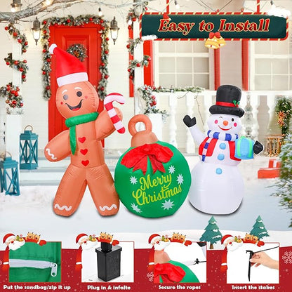 5 FT Christmas Inflatable Outdoor Decorations, Inflatable Snowman and Gingerbread Man with Christmas Ball Built-in LED Lights Blow Up Yard Decorations for Holiday Indoor Outdoor Party Garden Lawn