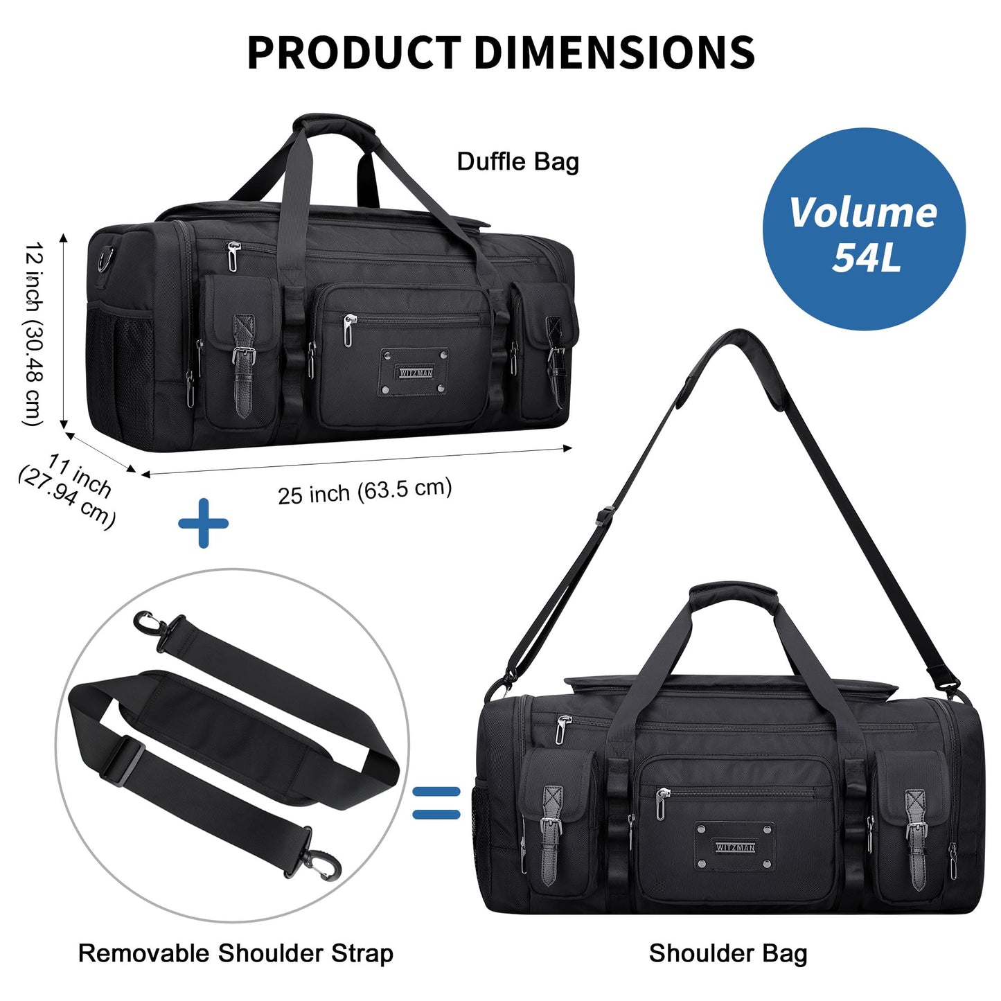 WITZMAN Duffle Bag for Men Large Carry On Weekender Bag 54L Nylon Duffle Gym Bags for Travel with Shoes Compartment(B717 Black)