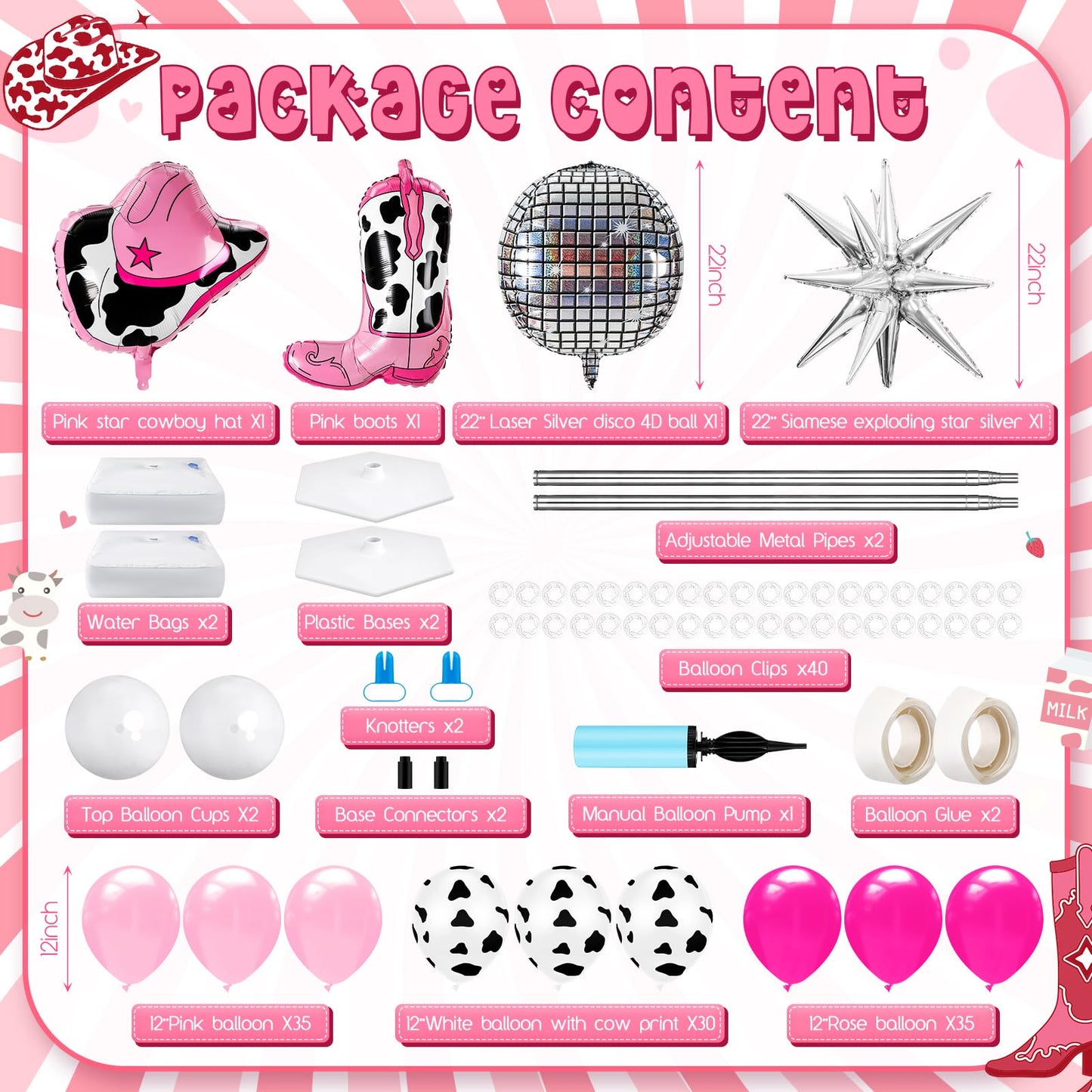 Kasyat 2 Sets Disco Cowgirl Balloon Column Stand Kit with 4d Cowgirl Hat Boots Disco Ball Exploding Stars Balloons Hot Pink Silver Arch Kit for Floor for Western Birthday Party Decorations