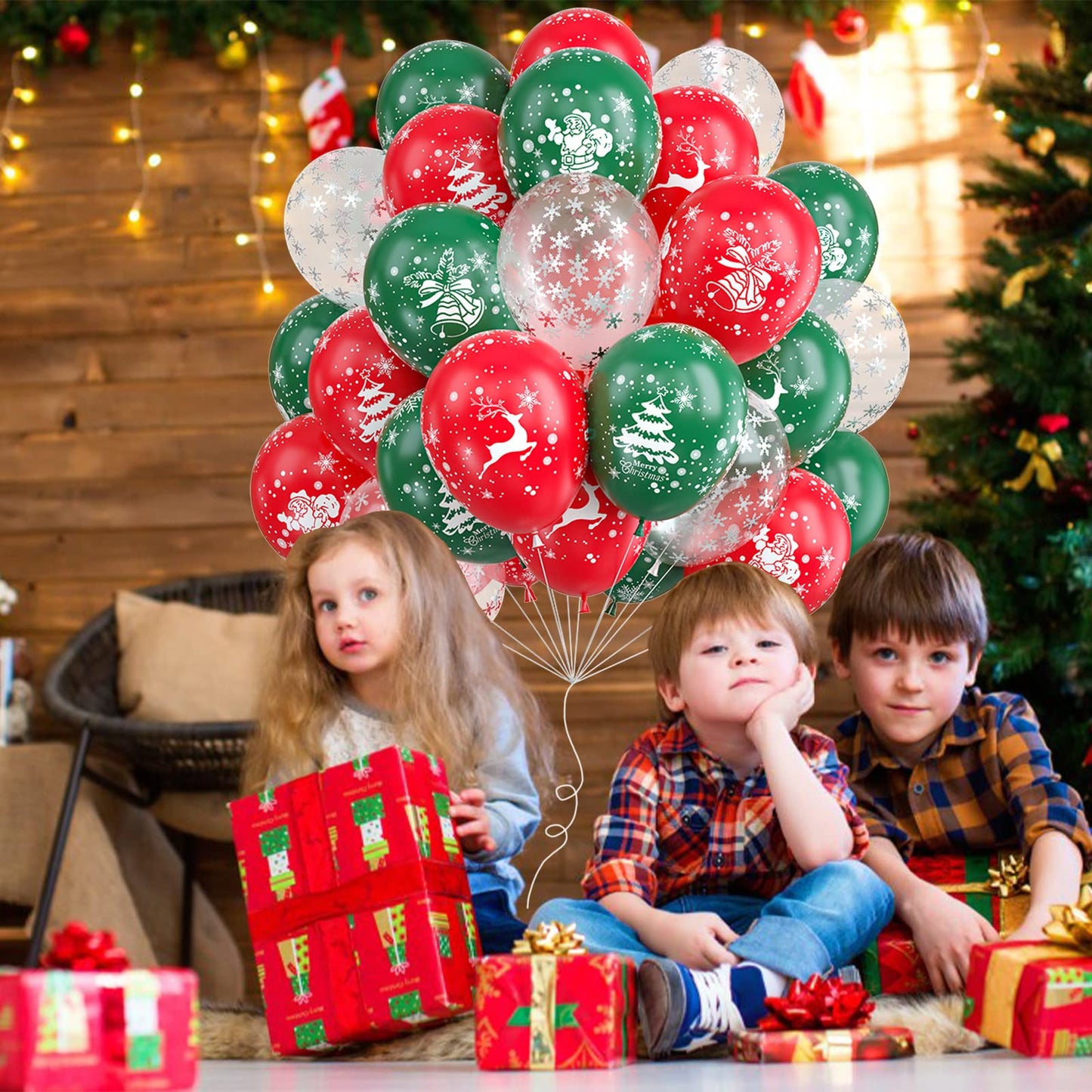 50pcs Red Green Latex Balloons with Christmas Bell Elk Tree Printing Snowflake Confetti for Christmas Party Decorations New Year Holiday Xmas Supplies