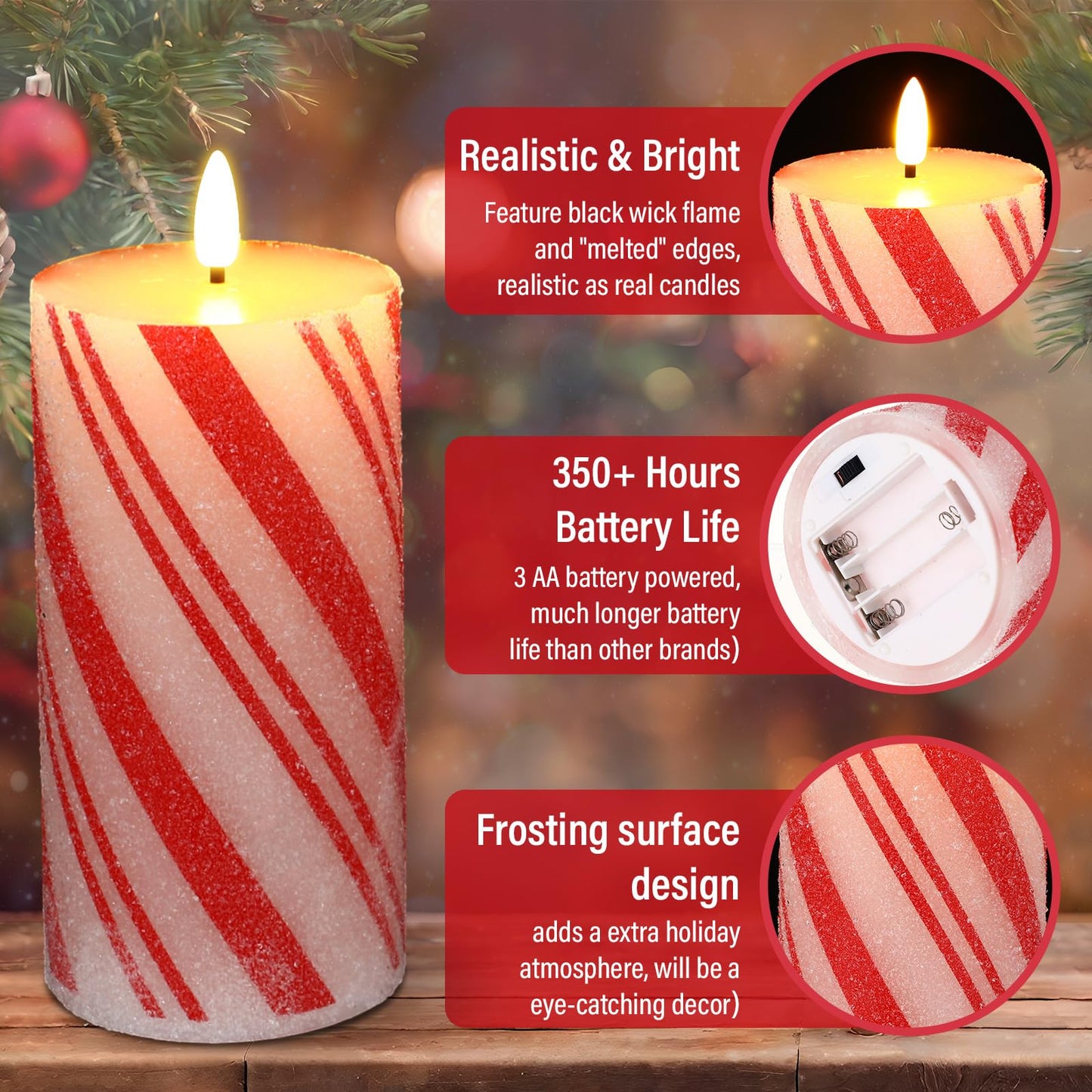 Glooglitter Set of 3 Christmas Flameless LED Candle Frosting Candy Cane Stripe Holiday Pillar Taper Moving Candles Battery Operated Flame Candle with Remote Control for Home Xmas Wedding Decoration