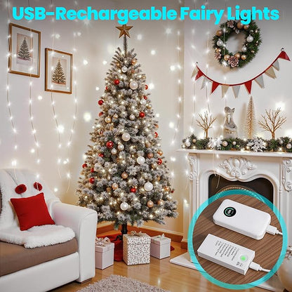Mlambert LED Fairy Lights Battery Operated with Timer, Rechargeable Mini Twinkle Lights for Christmas Decor Holiday Party, 65.6FT(16.4x4), Cool White