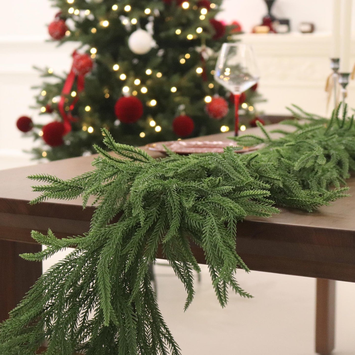 9FT Christmas Garland Norfolk Pine Garland Real Touch Artificial Greenery Garland for Mantle Fireplace Table Indoor Outdoor Holiday Decortions