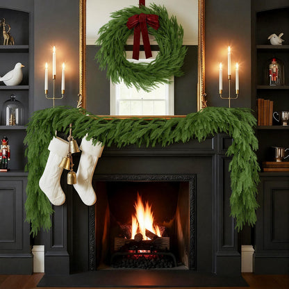N&T NIETING Christmas Norfolk Pine Garland Real Touch Artificial Christmas Green Xmas Garland for Mantle, Table Holiday Fireplace Staircase Indoor Outdoor Christmas Decorations (9 FT)