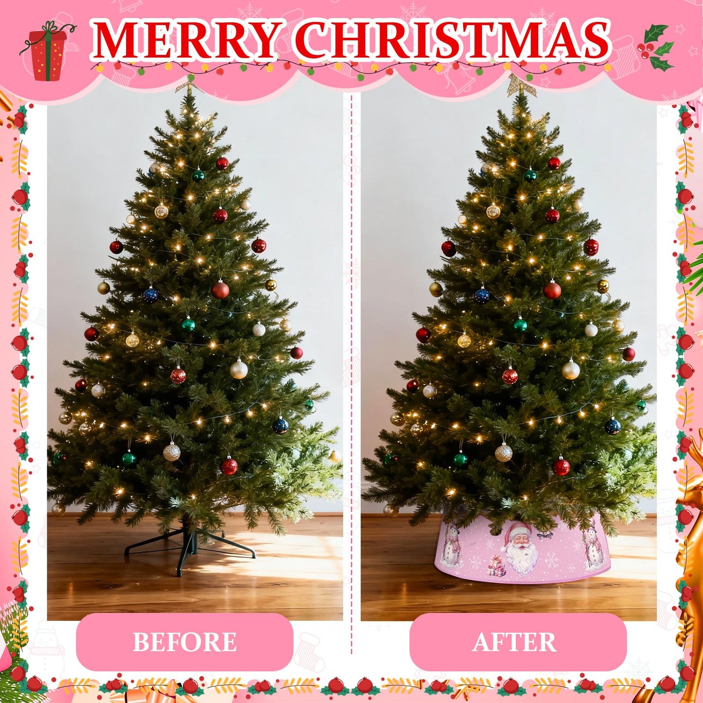Motionchic Christmas Tree Collar 30'' Pink Santa Claus Christmas Tree Skirt Stand Base Cover Xmas Base Collar Ring Xmas Decoration Stand Skirt for 6 ft - 12 ft Foldable Holiday Winter Party Decor