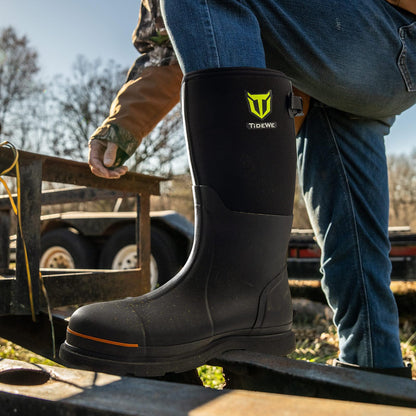 TIDEWE Rubber Work Boot for Men with Steel Toe & Shank, Waterproof Anti Slip Hunting Boot, 6mm Neoprene Hunting Boot for Manufacturing, Construction, Farming, Black, Size 12