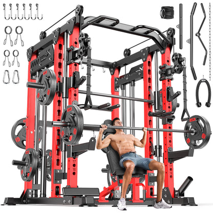 Smith Machine with Cable Crossover System, Multi-Function Power Cage Squat Rack for Home Gym, Power Rack and Packages Weight Sets. (Red, L04-Smith Machine+Bench+(Pole+Cast lron) 250LBS)