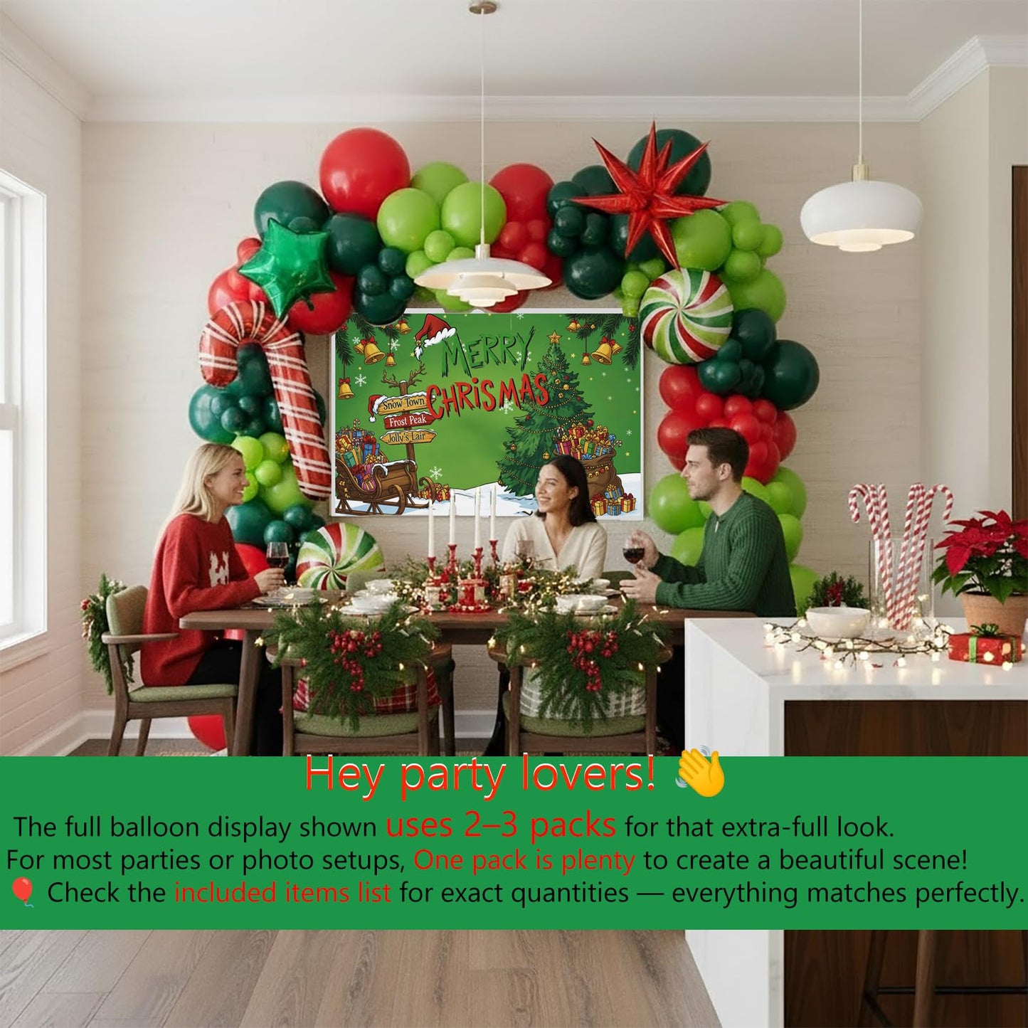 Christmas Balloon Garland Arch Kit with backdrop Xmas Red Green Balloons Candy Cane Gift Box Star Foil Balloons for Christmas New Year Birthday Party Decorations (Red Green)