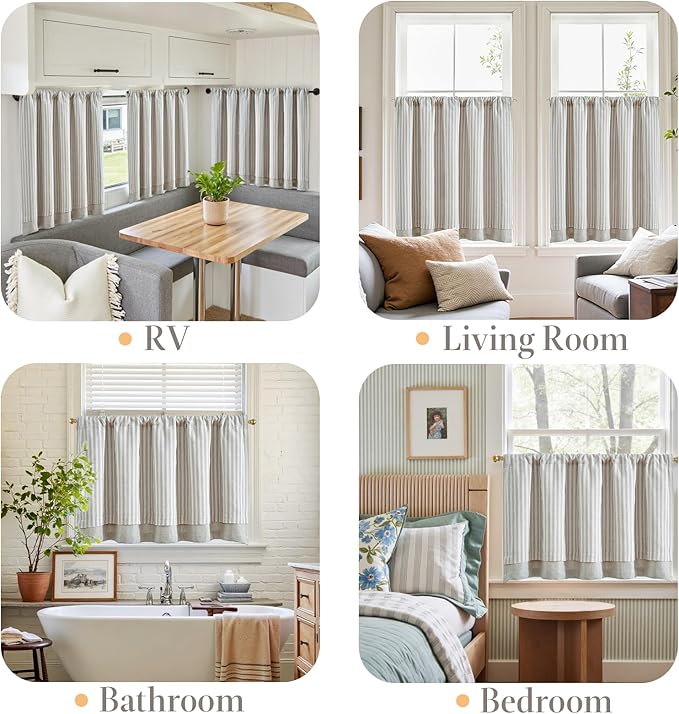 jinchan Double Layer Striped Linen Kitchen Tier Curtain Rustic Cafe for Living Room Bathroom Half Window Curtain Light Filtering Rod Pocket 1 Panel 36 Inch Taupe Grey