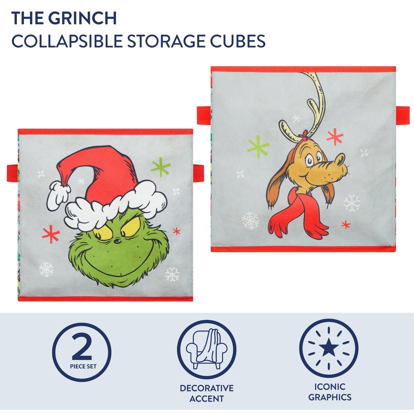 Idea Nuova Storage Cubes for Kids,2 Pack Collapsible Fabric Bins with Handles, Holiday Organizer Boxes for Bedroom, Playroom & Nursery, Festive Christmas Storage Baskets,Grinch Dr. Seuss