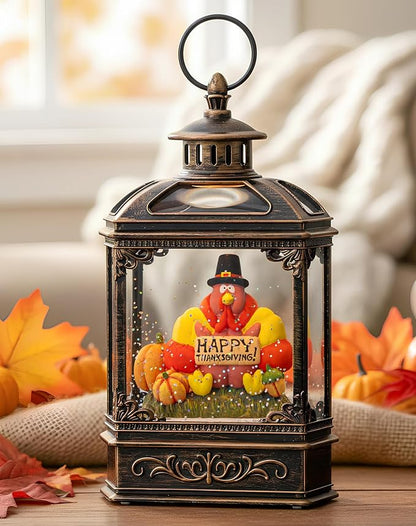 Fall Snow Globe Lantern - Thanksgiving Glittering Lighted Water Lantern, Fall Decorations Autumn Harvest Day Gifts, Table Home Fall Xmas Decor (Turkey & Pumpkins)