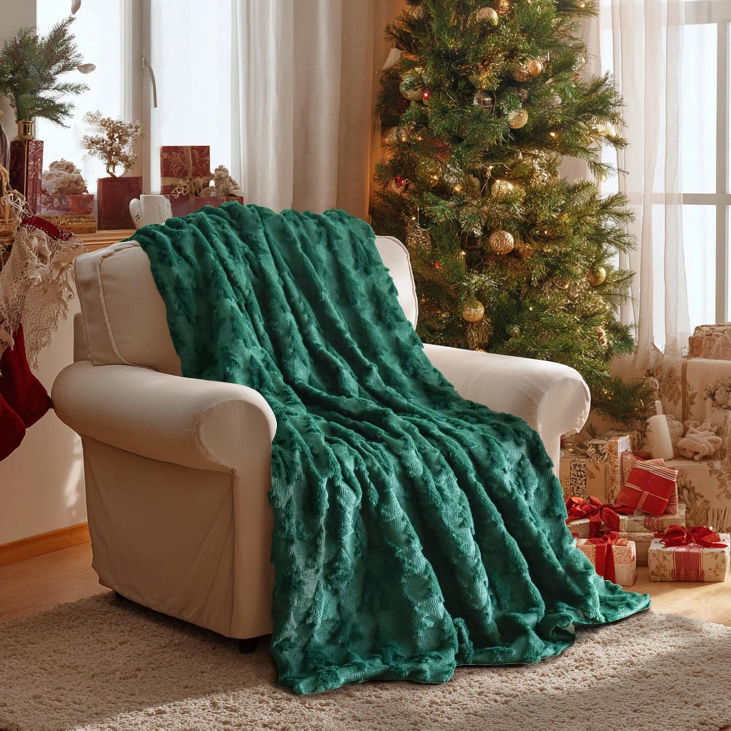 Horaldaily Christmas Blanket Throw, Green Christmas Tree Soft Fuzzy Plush Faux Fur Cozy Blankets for Couch Sofa Bed Lounging, Ideal Gifts for Kids Adults Wife Self, 50x60
