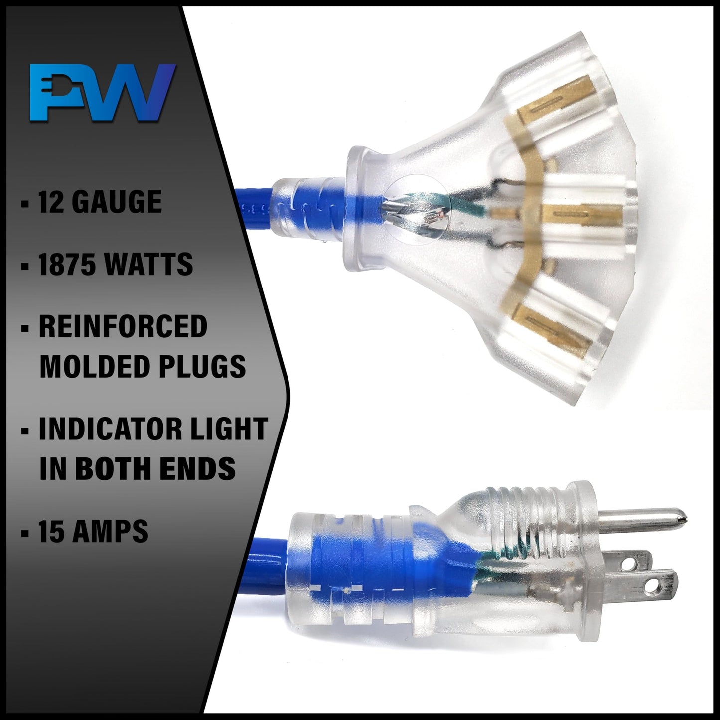 15 ft - 12 Gauge Heavy Duty Extension Cord - Lighted on Both Ends - SJTW Blue - Outdoor Extension_Cord Waterproof 15 ft by Premier Wire - 15 Amp ExtensionCord (15 Foot 12-Awg Power Cord Blue)