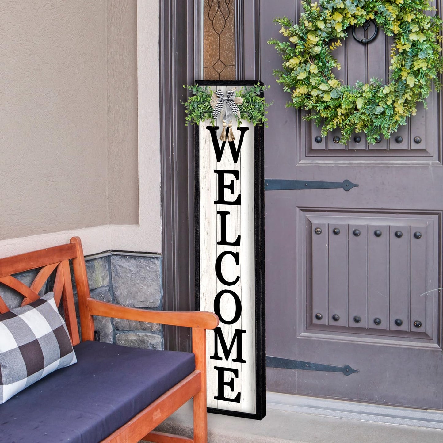 LuZhiQiang Front Porch for Welcome Standing Sign 45"X9" Vertical Tall Long Leaner Outdoor Front Door Wood Framed Decor (Black)