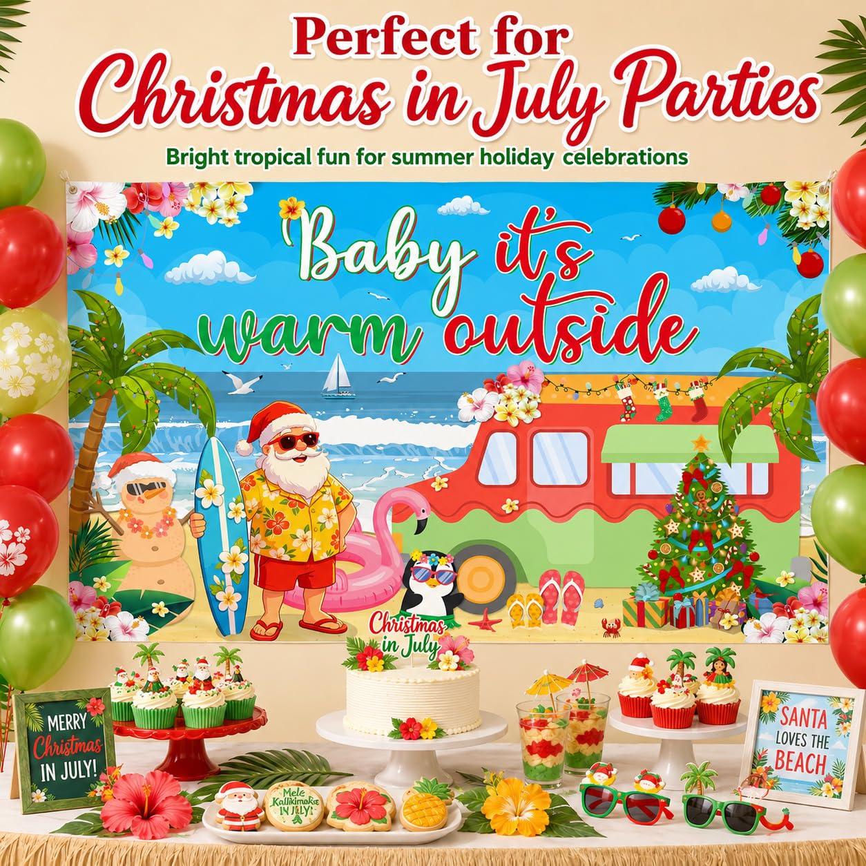 Christmas in July Backdrop 72x43 Inch Polyester Fabric, Baby Its Warm Outside Summer Santa Beach Party Decorations, Tropical Holiday Photo Background for Pool Luau Wall Decor