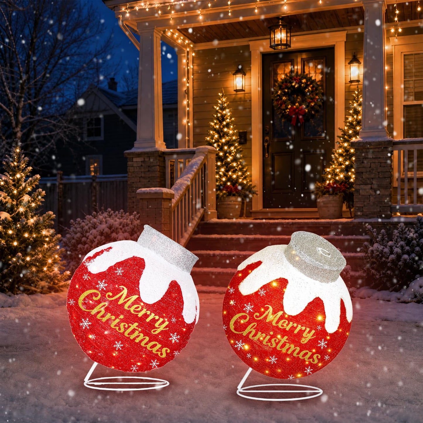 Outdoor Christmas Ball Ornaments, Collapsible Pop-Up Lighted Christmas Decorations with 80 Bright LED Lights, 8 Light Modes, Weatherproof Pre Lit Large Holiday Ball Decor for Yard, Lawn, Home（Red）