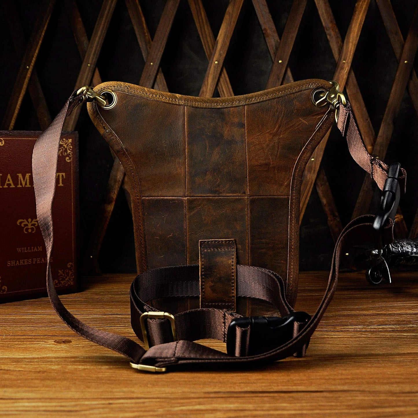 Le'aokuu Mens Genuine Leather Messenger Hiking Waist Hip Bum Pack Drop Leg Bag 211-3 1 Dark Brown