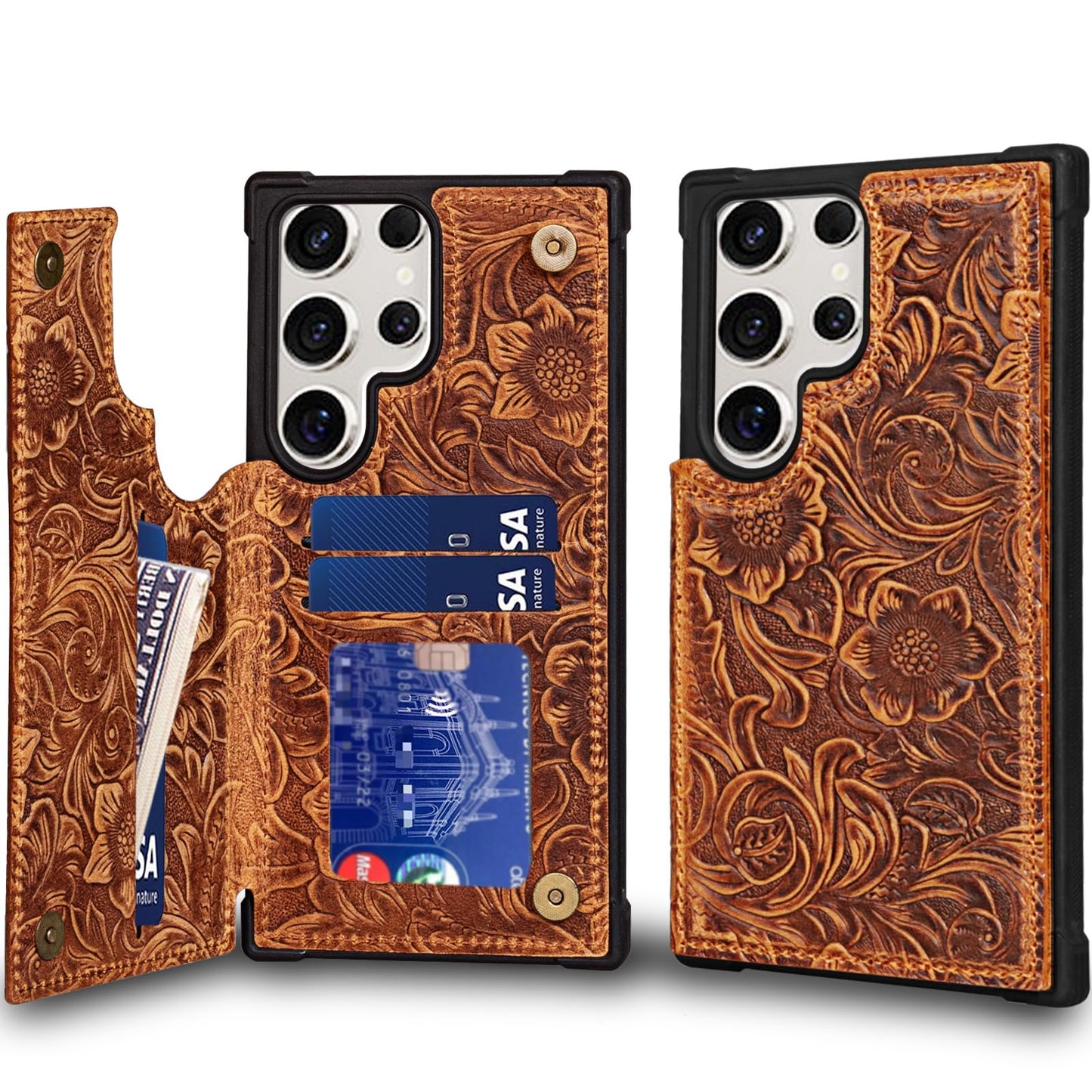 RMAWRAD Leather Case Compatible with Samsung Galaxy S24 Ultra Wallet 6.9",Genuine Leather Shockproof Anti-Fall Case, Flip Cover with Card Slot, Double Magnetic Buckle,Kickstand Durable Brown