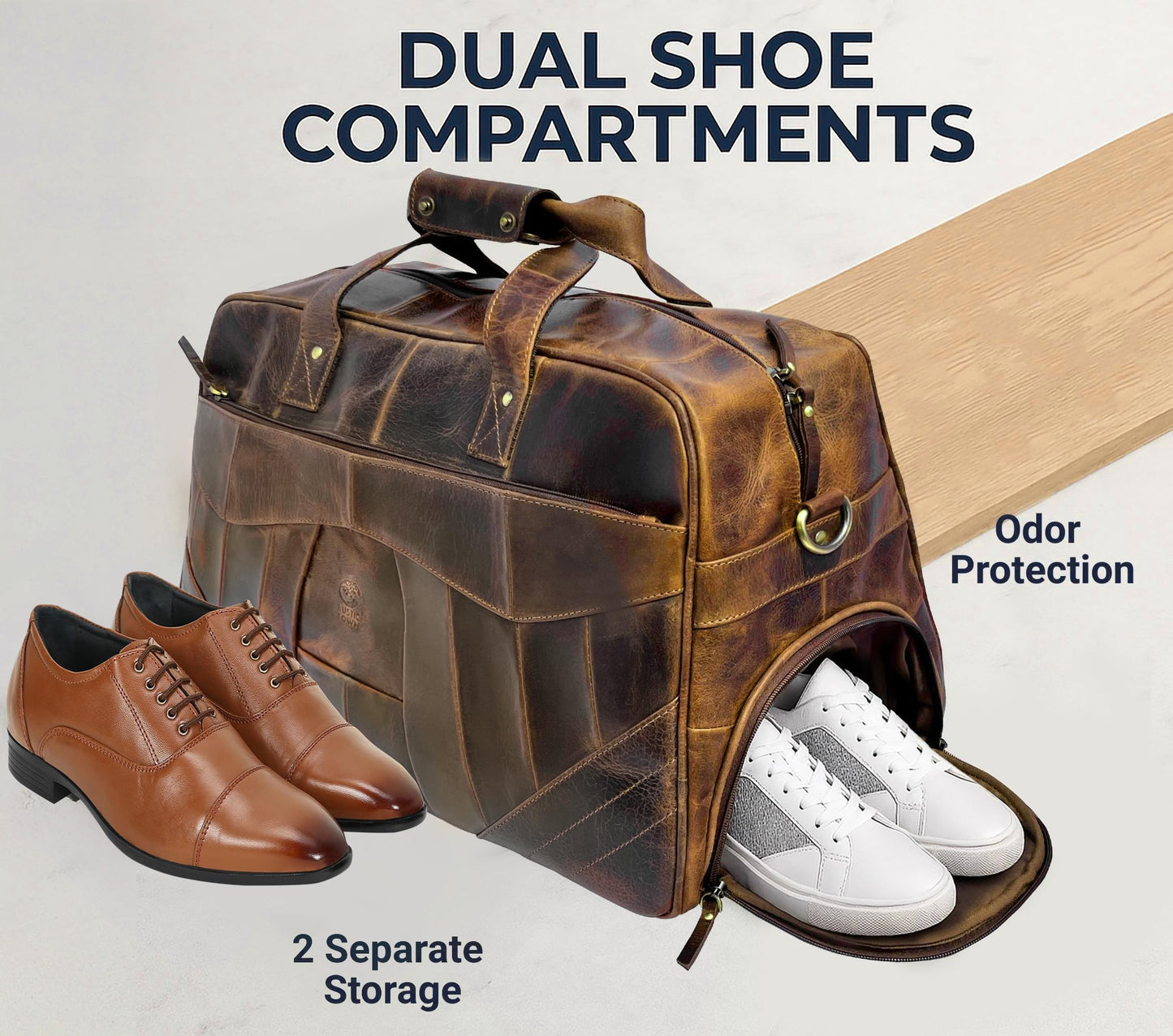 Leather Duffle Bags for Men - Handmade Full Grain Leather Weekender Bag with 2 Shoe Compartment, Underseat Carry On Travel Luggage
