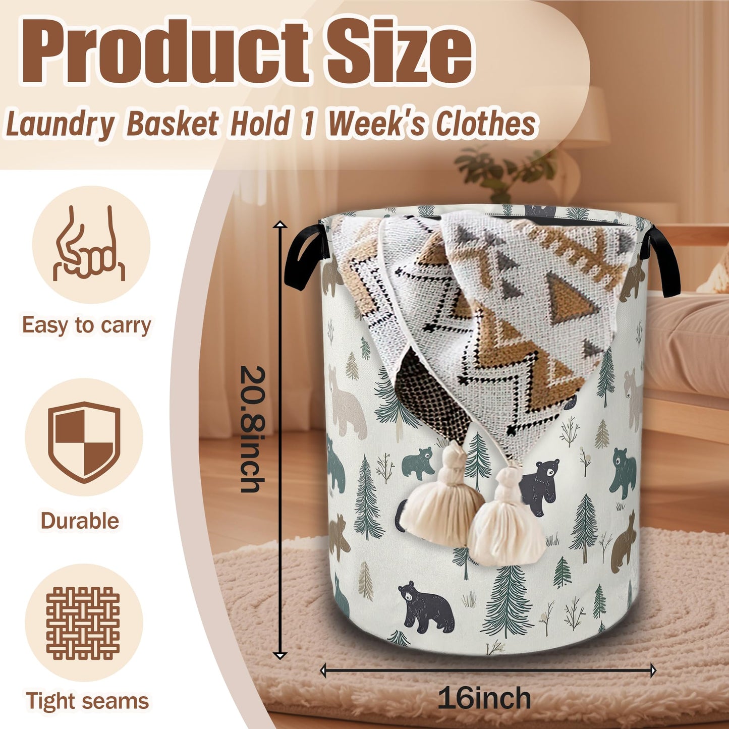 Bear Pine Tree Laundry Basket,Wild Animal Laundry Hamper Waterproof Oxford Cloth Tote Collapsible,Clothes Storage Bucket Decorative Toy Organizer For Bathroom Bedroom 16" x 20.8"
