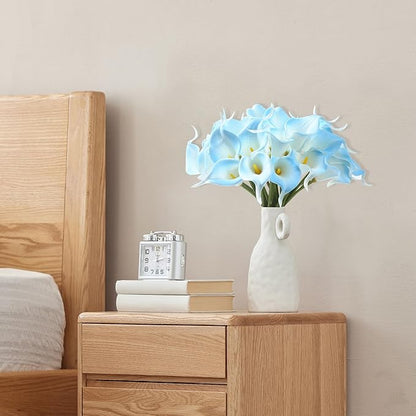 SITUMEIZI 24 PCS Light Blue Fake Flowers Artificial Calla Lily Silk Flowers Real Touch for Mother's Day Easter Home Kitchen Decor Wedding Bouquet Office Spring Decoration
