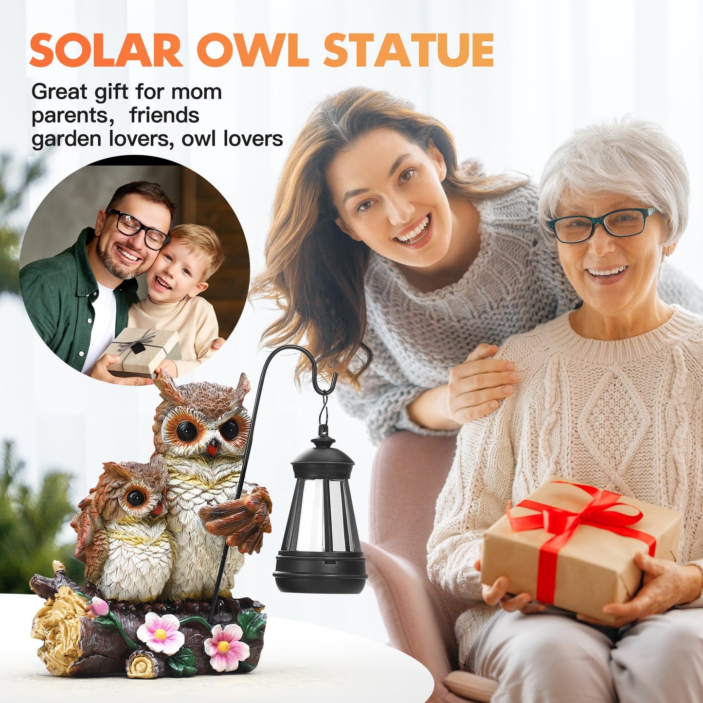 Garden Owls Statue with Solar LED Lantern, Wisdom Statue Gift for dad Yard Art, Whimsical Figurine Sculpture Lighted Outdoor father's Day, Spring Decorations for Lawn, Porch,2026 Gradulation Gift