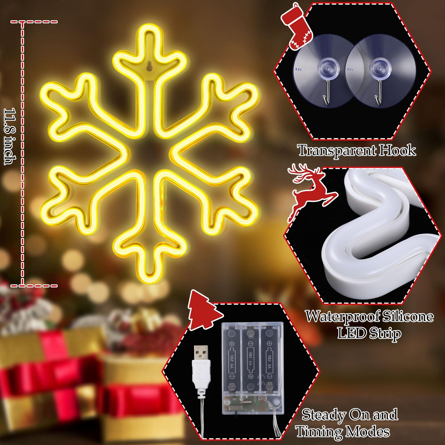 Enhon Christmas Neon Snowflake Light, 12 Inch Giant Snowflake Lights, Battery and USB Powered Christmas Curtain Neon Sign with Timer for Xmas Party Decoration(Warm White,2 Pack)