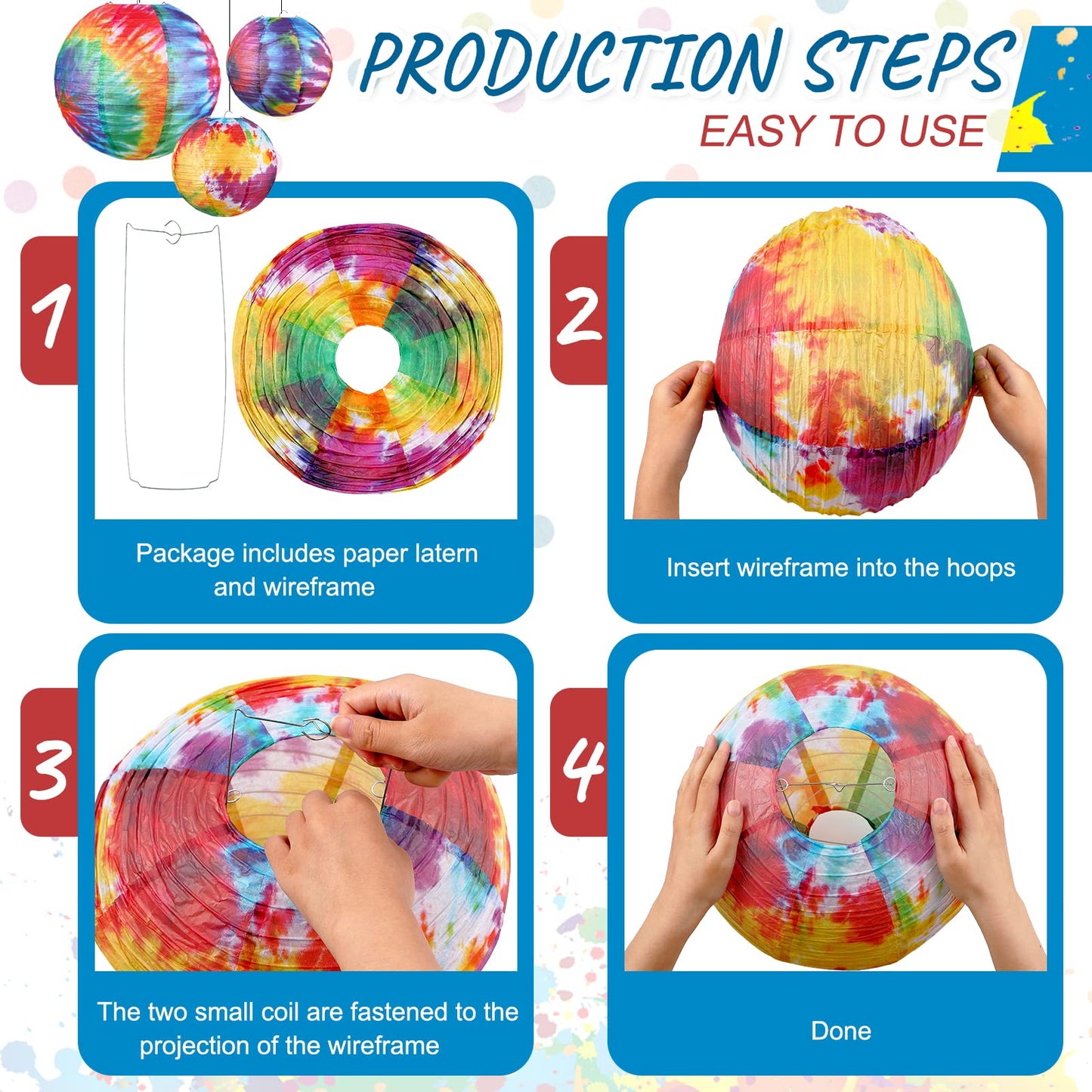 20 Pcs Tie Dyed Groovy Paper Lanterns Chinese Japanese Lanterns Groovy Party Decorations Tie Dye Party Supplies Classroom Hanging Ceiling Decorations for Home Decor Parties Weddings, 12 Inch, 6 Inch