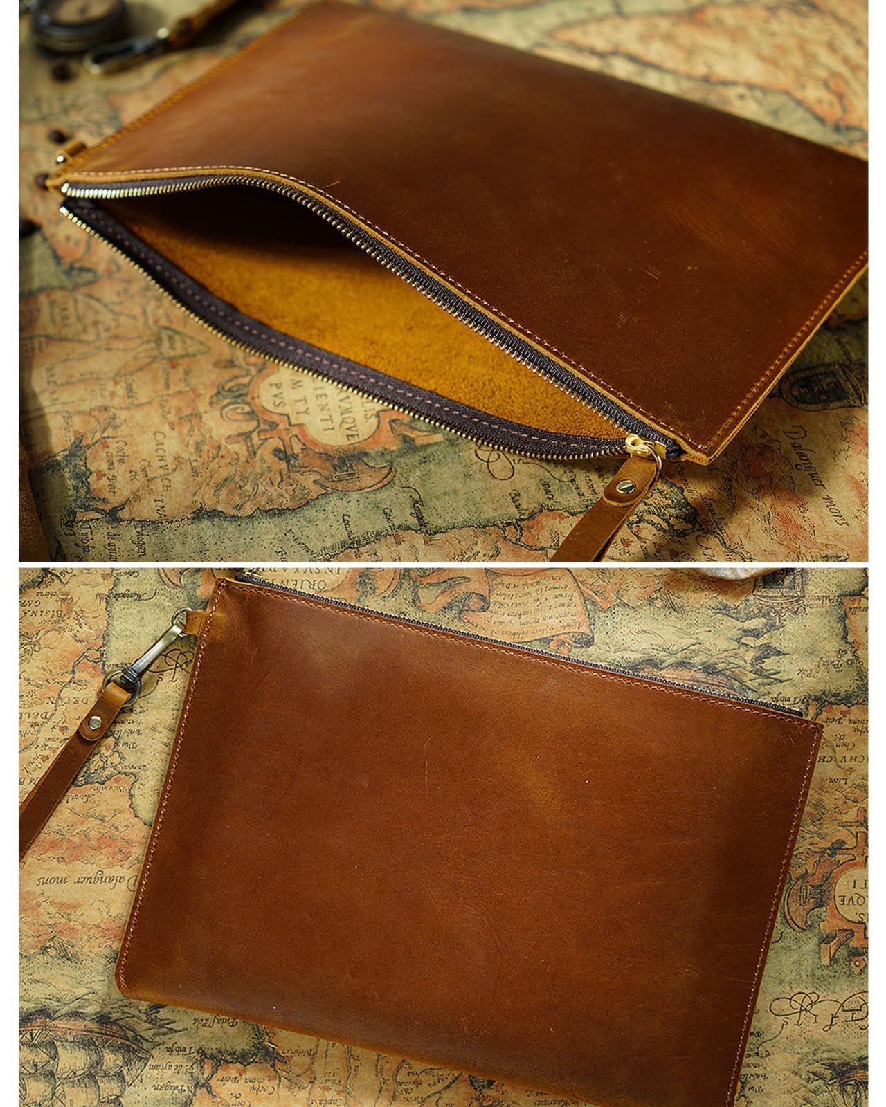 Inkfew Genuine Leather Wristlet for Women and Men, Leather Clutch Business Briefcase Tablet Sleeve Bag with Zip Closure