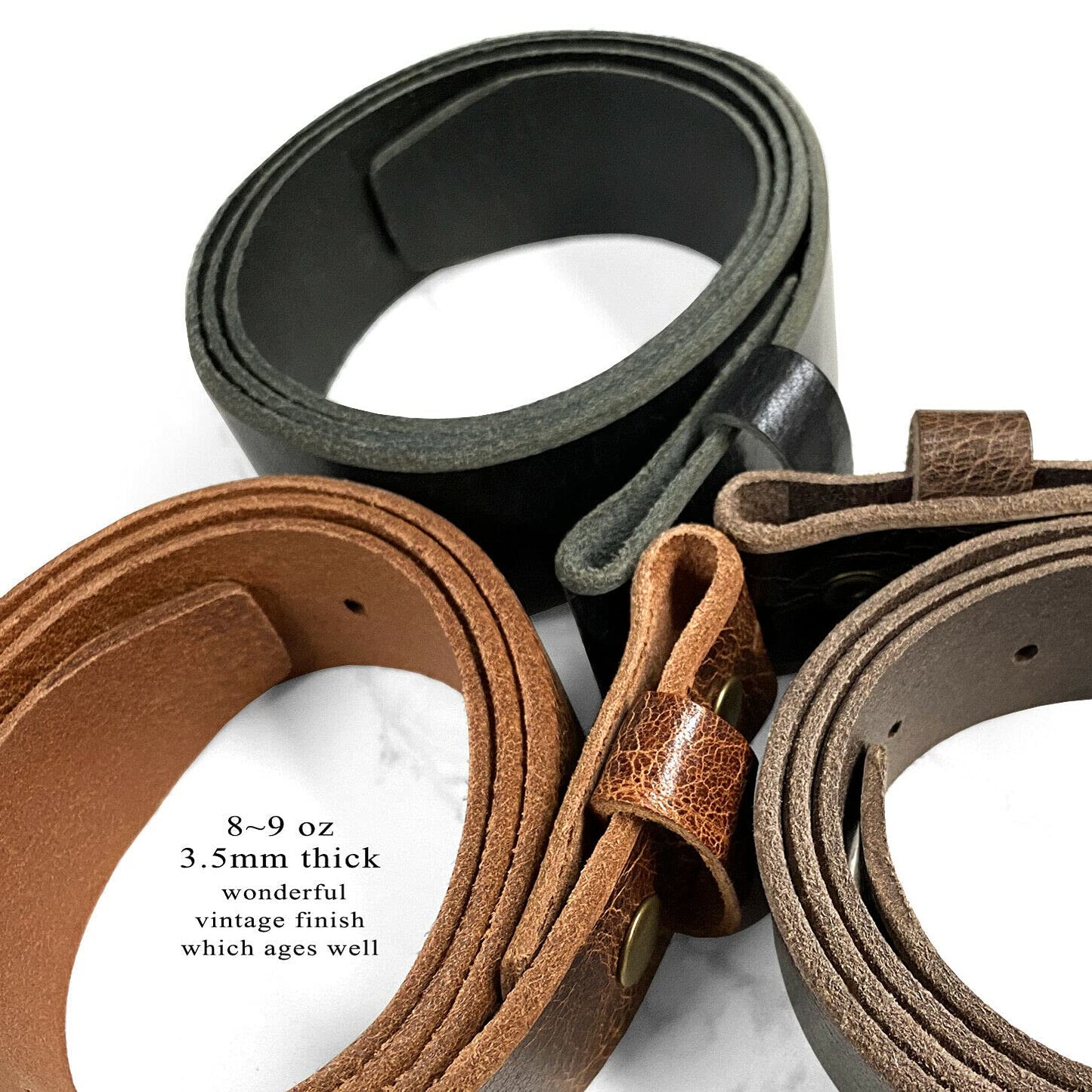 BS304 Genuine Full Grain Vintage Leather Belt Strap with Snaps on 1-1/2"(38mm) wide (Tan, 34)