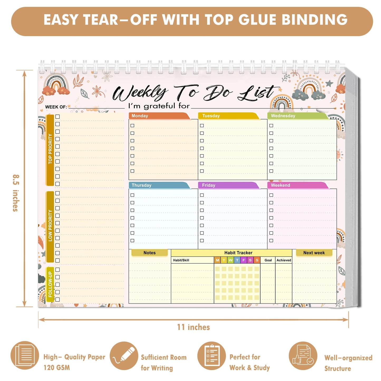 Weekly Planning To-Do-List Pad, 52 Undated Sheets for Daily To-Do Lists, Habit Tracking, Academic Scheduling, and Productivity Goals - Perfect for Work, Home, and Office Organization 8.5x11 inches
