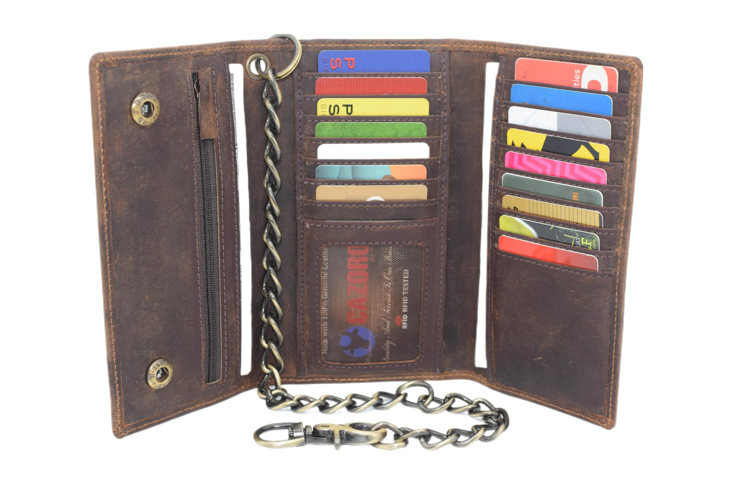 CAZORO Biker Skull Chain Wallet RFID Signal Blocking Men's Vintage Leather Long Tri-fold Chain Checkbook Card ID Wallet (Skull Brown)