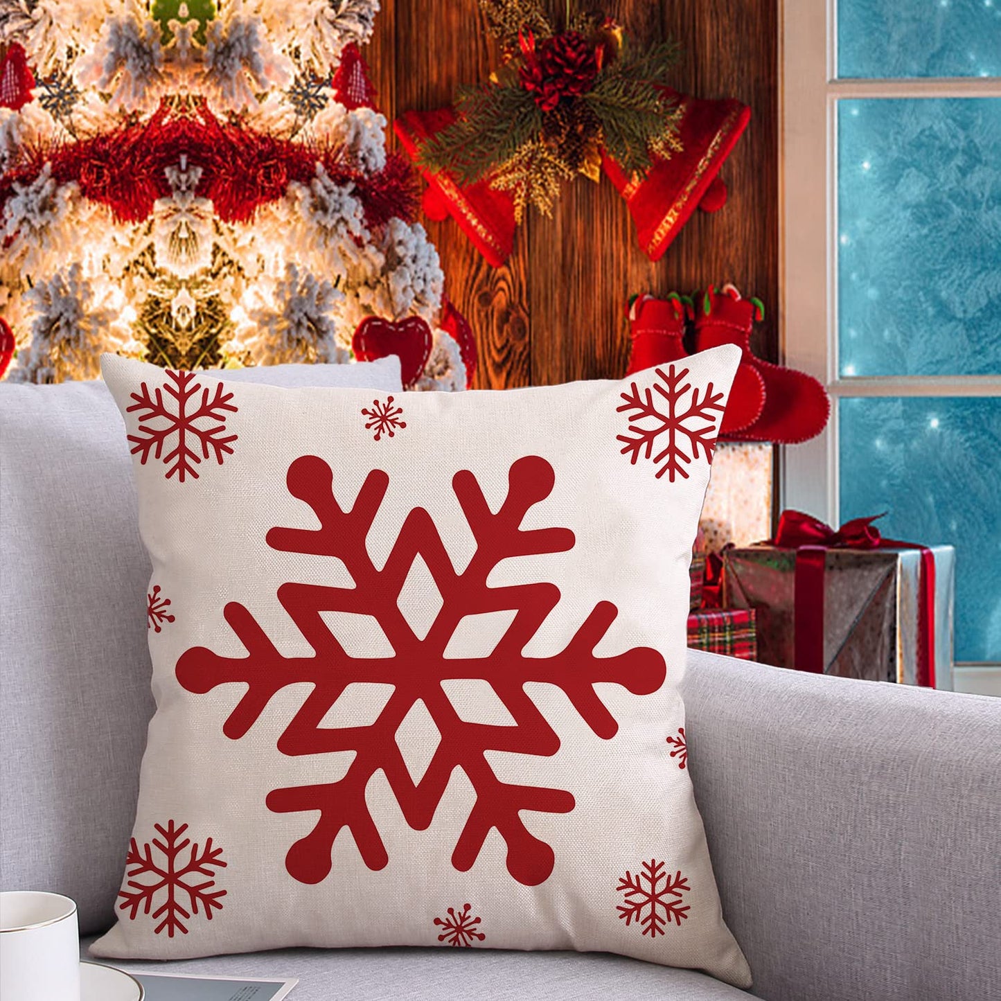 Coeufuedy Red Christmas Pillow Covers - 18x18 Inch Set of 4 Snowflake Trees & Deer Decorative Cushions for Home & Sofa